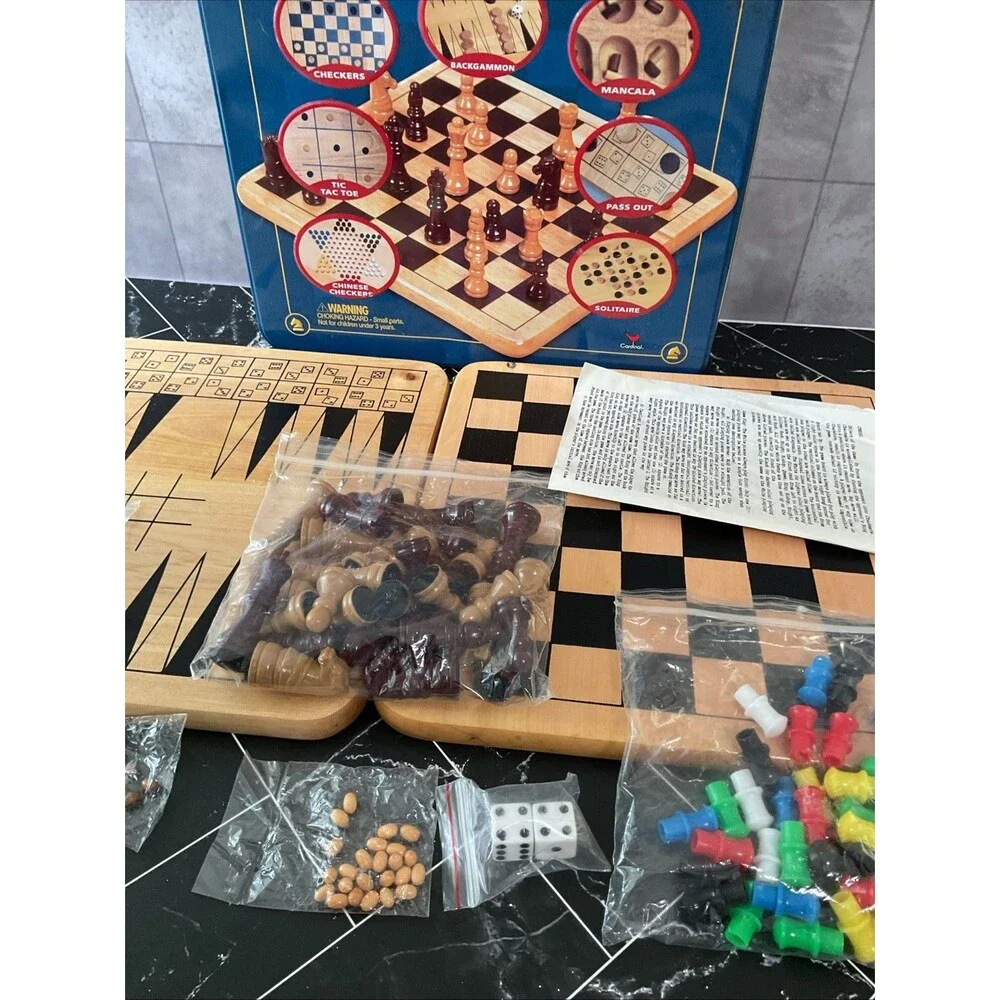 Family 7+ Mancala Game Center 8 Classic Board Games Solid Wood in Tin EUC